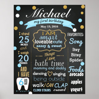 First Birthday Chalkboard sign confetti blue boy Poster