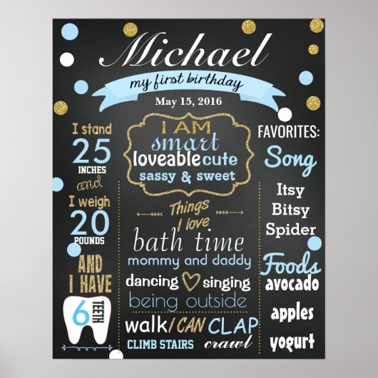 First Birthday Chalkboard sign confetti blue boy Poster (Voorkant)