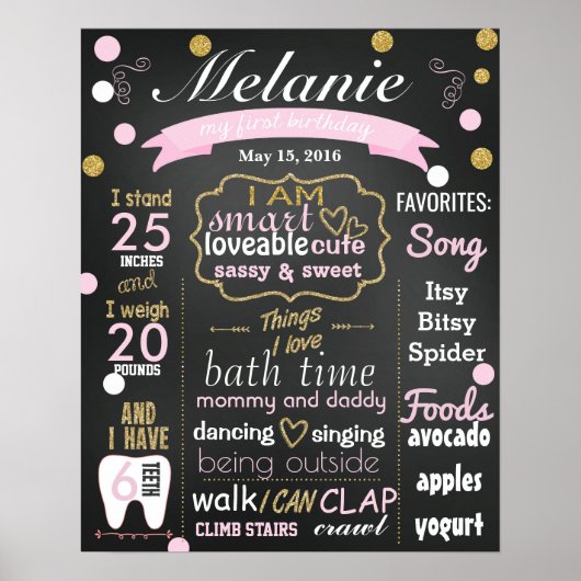 First Birthday Chalkboard sign confetti Poster (Voorkant)