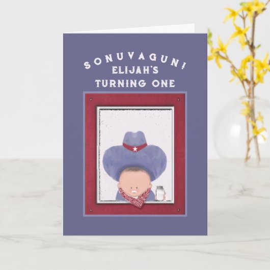 First Birthday Cowboy Kaart (Gele Bloem)
