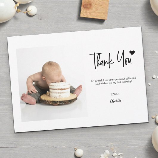 First Birthday Custom Photo Modern handlettering Bedankkaart