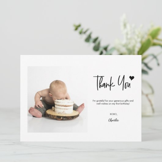 First Birthday Custom Photo Modern handlettering  Bedankkaart (Staand voorkant)