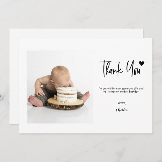 First Birthday Custom Photo Modern handlettering  Bedankkaart (Voorkant / Achterkant)