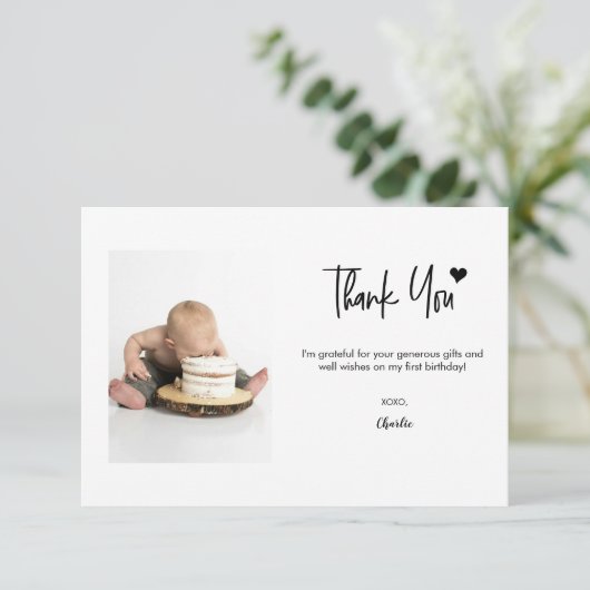 First Birthday Custom Photo Modern script note  Bedankkaart (Staand voorkant)