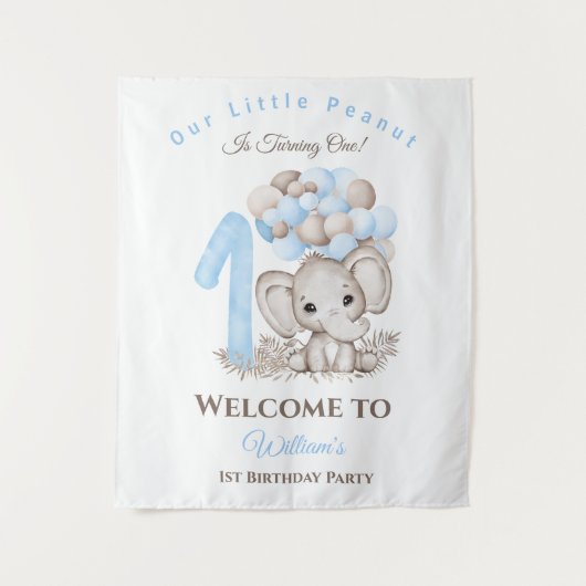 First Birthday Elephant Boy Welcome Sign Tapestry Wandkleed (Voorkant)