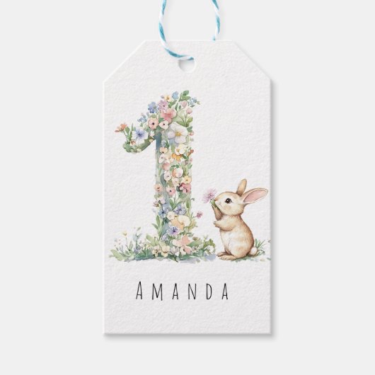 First Birthday Floral Bunny Cadeaulabel (Voorkant)