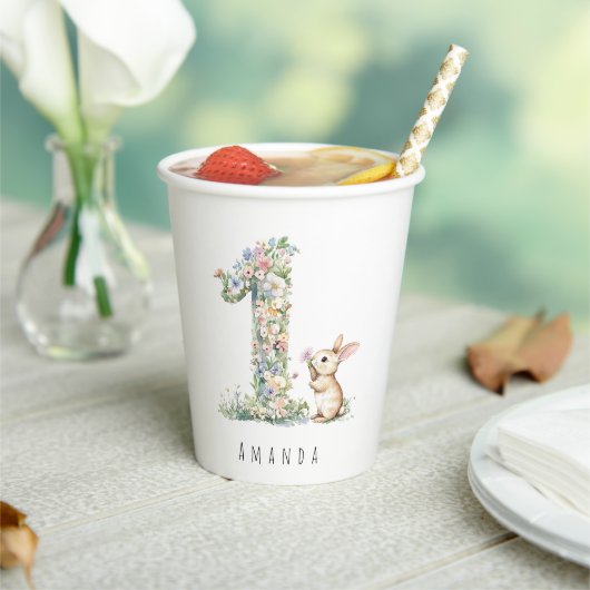 First Birthday Floral Bunny Papieren Bekers (Insitu)