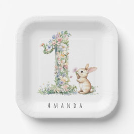 First Birthday Floral Bunny Papieren Bordje