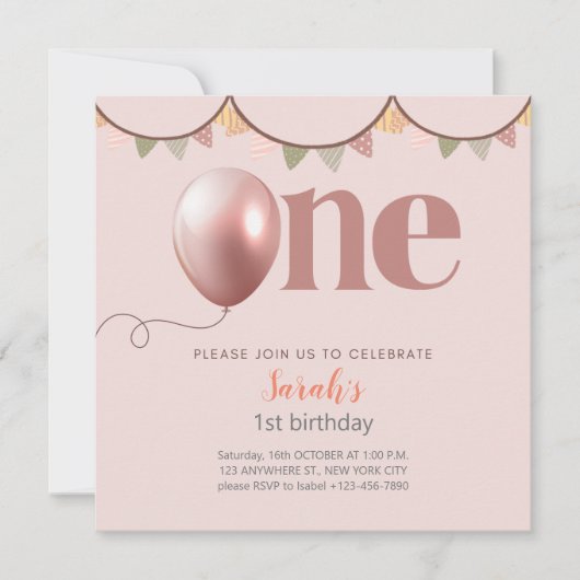 First Birthday Girl Invitation Kaart (Voorkant)