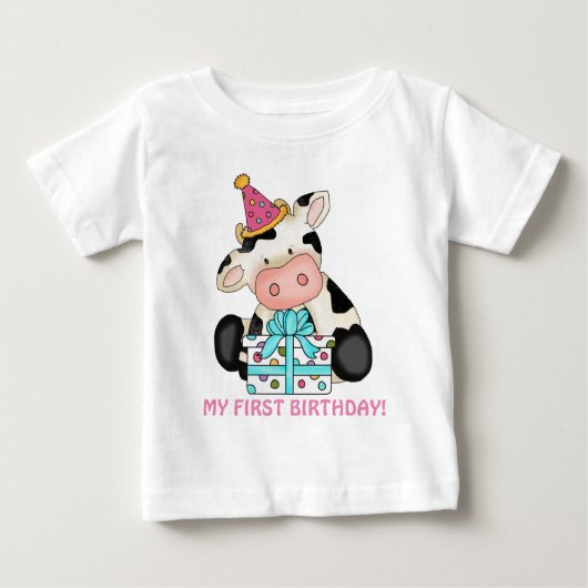 First Birthday girl koe baby t-shirt (Voorkant)