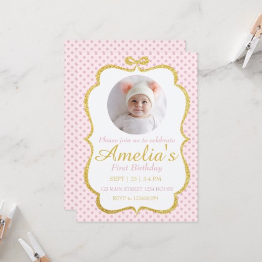 First Birthday Invite Kaart (Voorkant / Achterkant in situ)