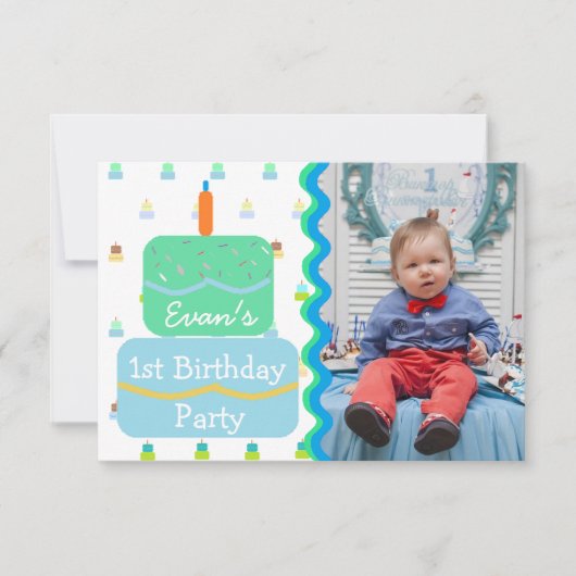 First Birthday Party for Baby Boy Invitations Kaart (Voorkant)
