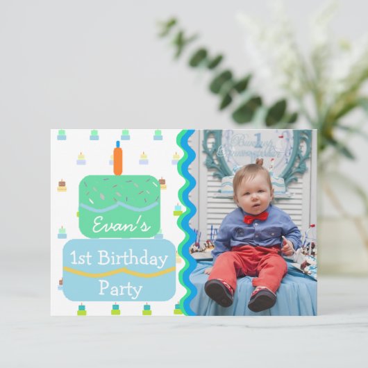 First Birthday Party for Baby Boy Invitations Kaart (Staand voorkant)