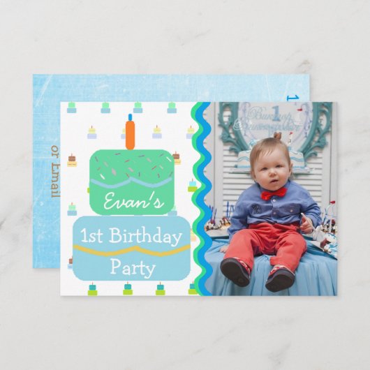 First Birthday Party for Baby Boy Invitations Kaart (Voorkant / Achterkant)