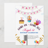 First Birthday Party Invitation, Kids 1st Birthday Kaart (Voorkant / Achterkant)