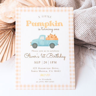 First Birthday Pumpkin Invitation - Blue Truck Kaart