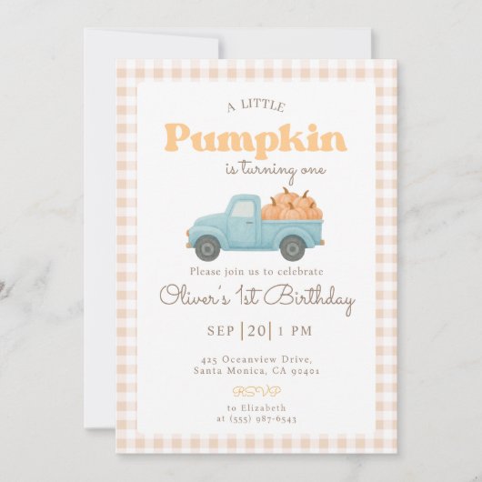 First Birthday Pumpkin Invitation - Blue Truck Kaart (Voorkant)