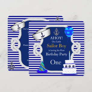 First Birthday Sailor Boy Blue Stripe Kaart