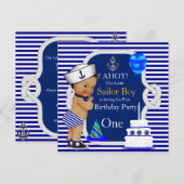 First Birthday Sailor Boy Navy Blue Stripe Kaart (Voorkant / Achterkant)