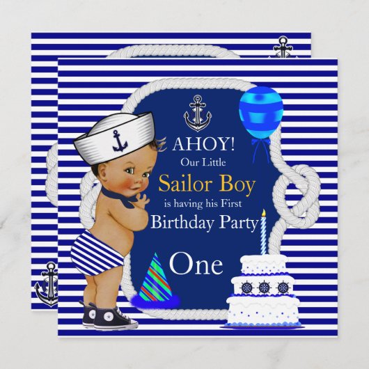 First Birthday Sailor Boy Navy Blue Stripe Kaart (Voorkant / Achterkant)