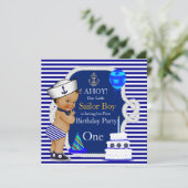 First Birthday Sailor Boy Navy Blue Stripe Kaart (Staand voorkant)