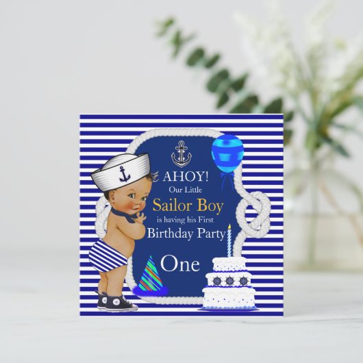 First Birthday Sailor Boy Navy Blue Stripe Kaart (Staand voorkant)