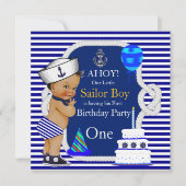 First Birthday Sailor Boy Navy Blue Stripe Kaart (Voorkant)