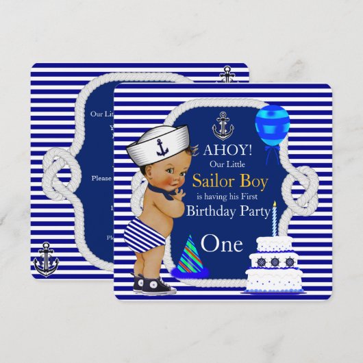 First Birthday Sailor Boy Navy Blue Stripe Kaart (Voorkant / Achterkant)