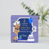 First Birthday Sailor Boy Navy Blue Stripe Kaart (Staand voorkant)