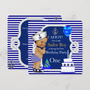 First Birthday Sailor Boy Navy Blue Stripe Kaart
