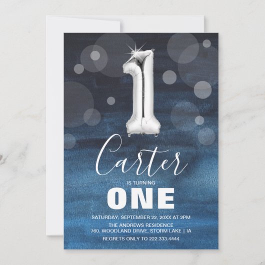 First Birthday Silver Balloon | Blauwe Partij Kaart (Voorkant)
