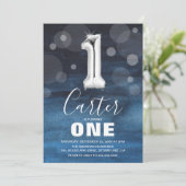 First Birthday Silver Balloon | Blauwe Partij Kaart (Staand voorkant)