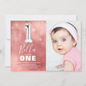 First Birthday Silver Balloon | Roze fotoparty Kaart (Voorkant)