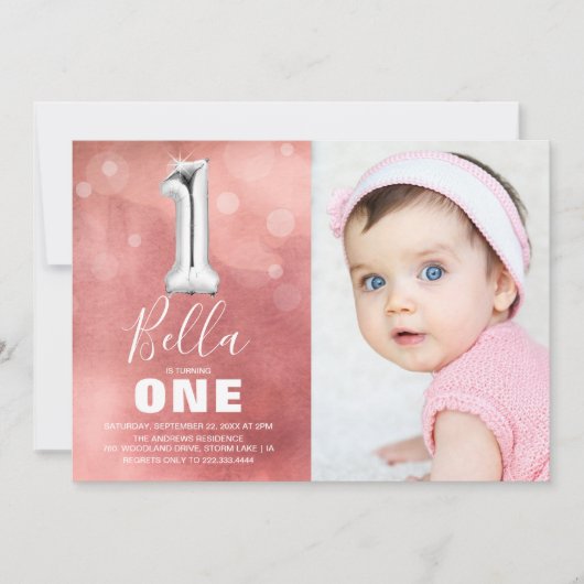 First Birthday Silver Balloon | Roze fotoparty Kaart (Voorkant)