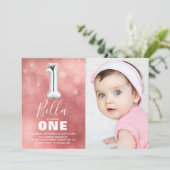 First Birthday Silver Balloon | Roze fotoparty Kaart (Staand voorkant)
