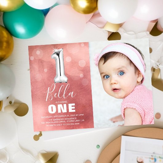 First Birthday Silver Balloon | Roze fotoparty Kaart