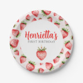 First Birthday Strawberry Watercolor Party Plates Papieren Bordje (Voorkant)