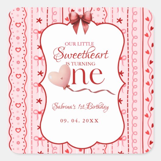 First Birthday valentine baby birthday party Vierkante Sticker (Voorkant)