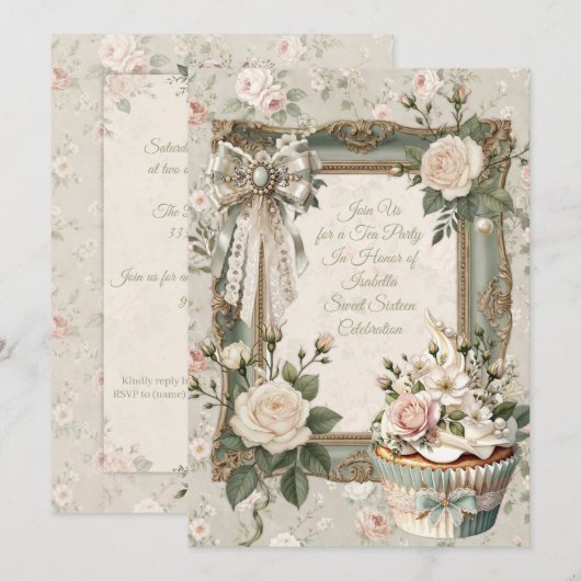 First Bloom Floral Tea Party Sweet 16 Invitation Kaart (Voorkant / Achterkant)