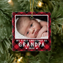 First Christmas as Grandpa Baby Photo Plaid Keramisch Ornament
