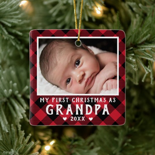 First Christmas as Grandpa Baby Photo Plaid Keramisch Ornament (Boom)