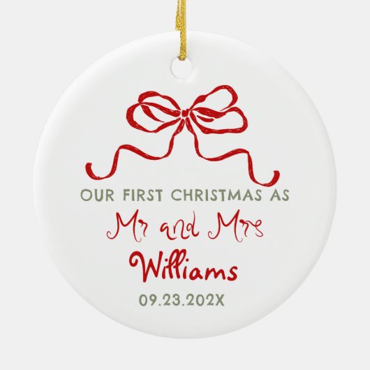 First Christmas As Mr and Mrs Custom Bow Keramisch Ornament (Achterkant)
