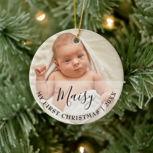 First Christmas Baby 2 Photo Script Name Keramisch Ornament (Boom)