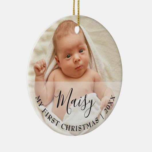 First Christmas Baby 2 Photo Script Name Keramisch Ornament (Rechts)