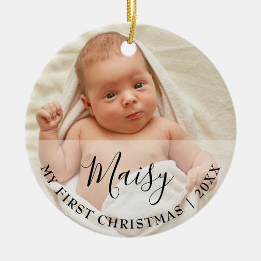 First Christmas Baby 2 Photo Script Name Keramisch Ornament (Voorkant)