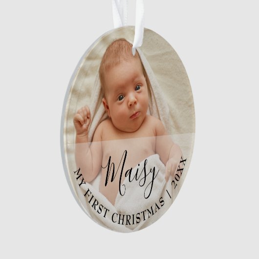 First Christmas Baby 2 Photo Script Name Ornament (voorkant)