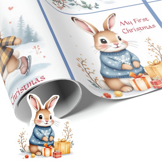 First Christmas Baby Boy's Name Winter Bunnies Cadeaupapier