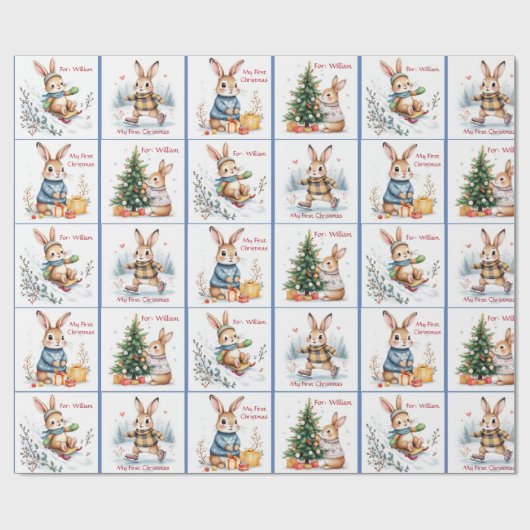 First Christmas Baby Boy's Name Winter Bunnies Cadeaupapier (Vlak)