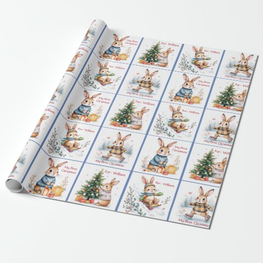 First Christmas Baby Boy's Name Winter Bunnies Cadeaupapier (Uitgerold)