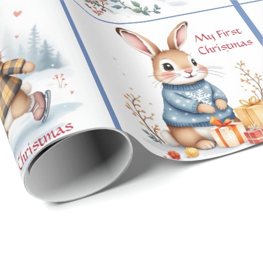 First Christmas Baby Boy's Name Winter Bunnies Cadeaupapier (Rol Hoek)